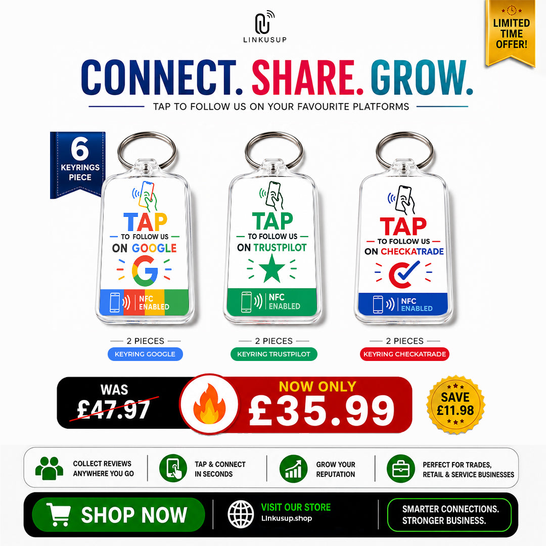 2 Google, 2 Trustpilot, and 2 Checkatrade NFC Keyrings